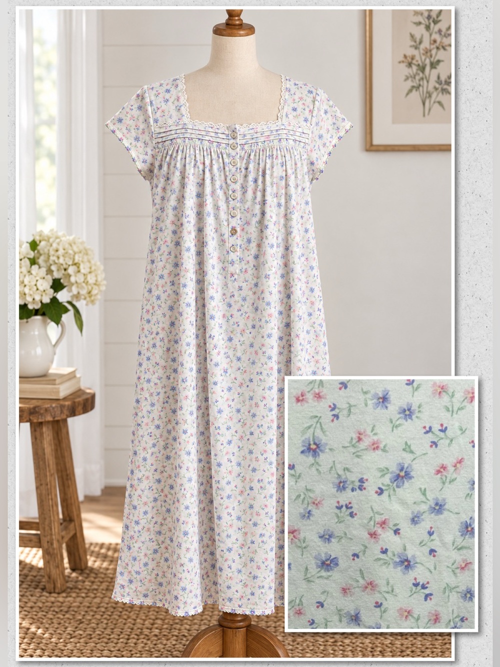 EILEEN WEST 100% Cotton Long Nightgown Lace Ditsy Pink Purple Floral Cottagecore